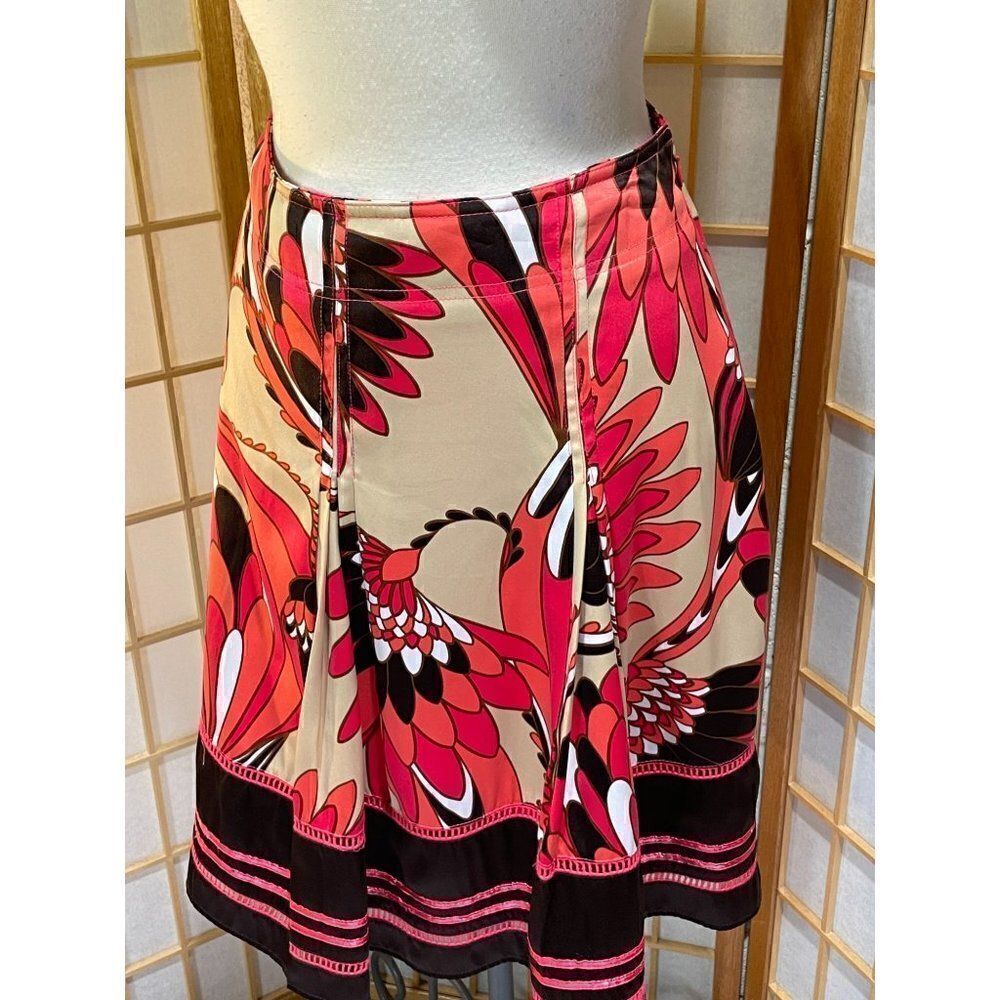 Worthington Size 12 Retro Floral A-Line Skirt Pink Coral Black Ribbon Trim Lined